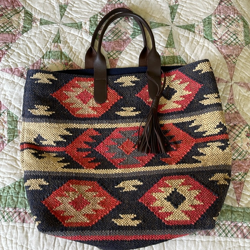 NEW! J Jill Southwestern Jacquard Aztec Tote Bag Leather Double Handle Handbag